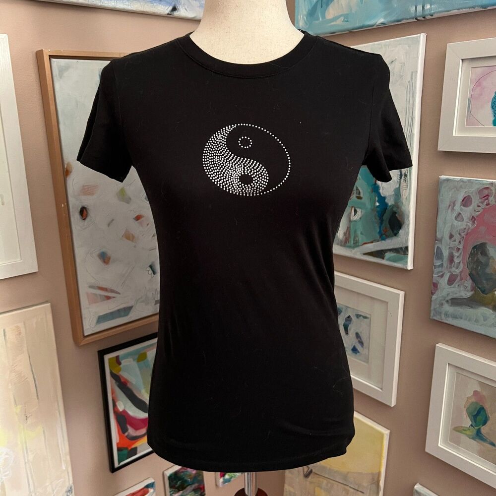Aeropostale Women's Black T-shirt Size Small Yin‎ Yang Sparkle y2k Minimalist